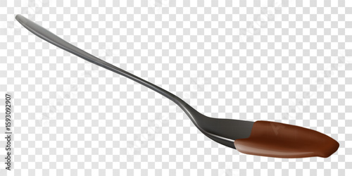 Close up profile view of a tilted spoon covered in liquid chocolate. Realistic 3d vector mesh illustration isolated on white background.