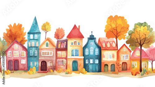 Whimsical Town Library Watercolor Illustration