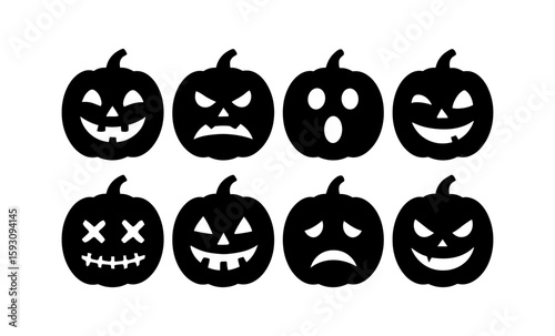 Collection of silhouette jack-o'-lanterns with varied expressions