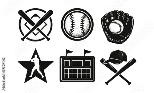Vintage baseball emblems: bats, ball, glove, and more