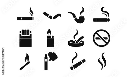 Smoking icons collection: cigarettes, tobacco, and e-cigarettes in bold silhouette style