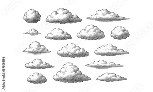 Vintage engraving style cloud set with detailed sketch design elements