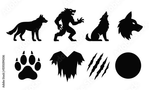 Werewolf silhouettes: wolves, claws, and transformation elements in black