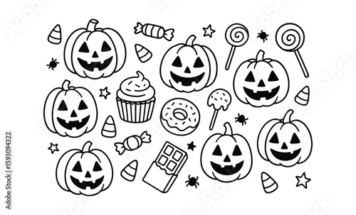 Halloween pumpkin doodles with sweet treats and candy elements in black and white