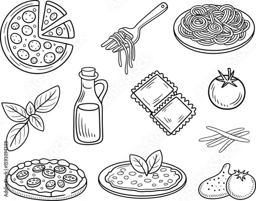 Hand drawn italian food icons featuring pizza pasta and fresh ingredients