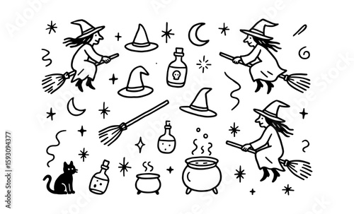 Playful halloween witch doodle pattern with brooms and cauldrons