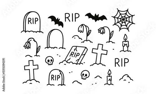 Spooky halloween cemetery doodle with tombstones and ghostly elements