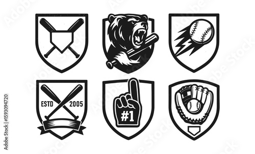 Retro baseball badges with bears, gloves, and bats