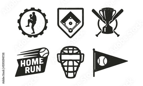 Vintage baseball icons set with grunge effect featuring trophy, catcher mask, and flag