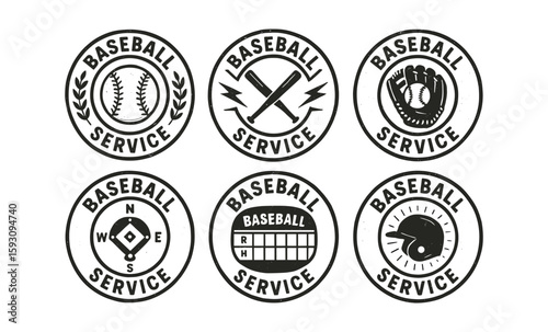Vintage baseball service badges with classic sports icons and retro design