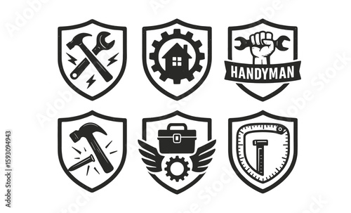Vintage badge collection featuring tools and gears for handyman and craftsman themes