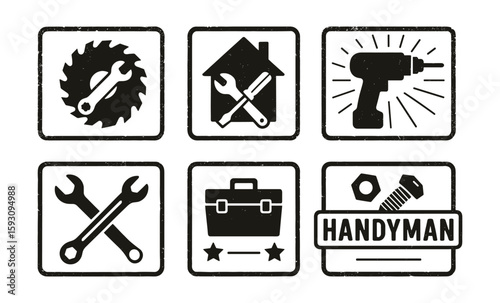Retro repair icons: handyman tool signs with rustic distress style