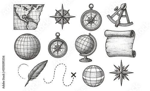 Vintage nautical and geographical elements with map, compass, globe, feather, and scroll