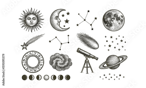 Vintage celestial elements with sun, moon, stars, planets, and telescope
