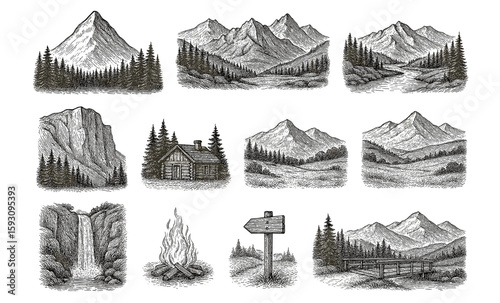 Vintage mountain and forest scenes with cabins and trails