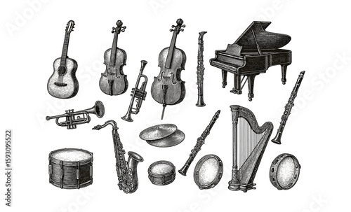 Vintage musical instruments in detailed engraving style