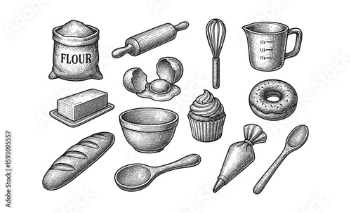 Vintage baking tools and ingredients set in engraving style