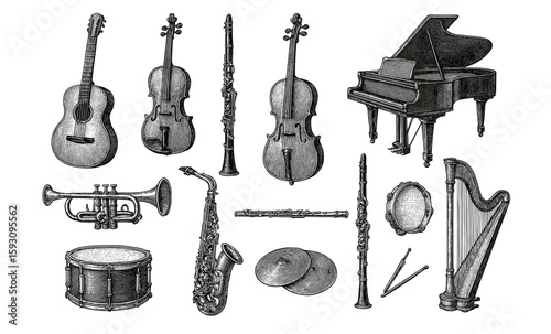 Detailed engraving of classical musical instruments collection