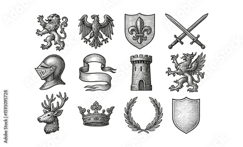 Vintage heraldic symbols collection featuring shields, animals, and medieval elements