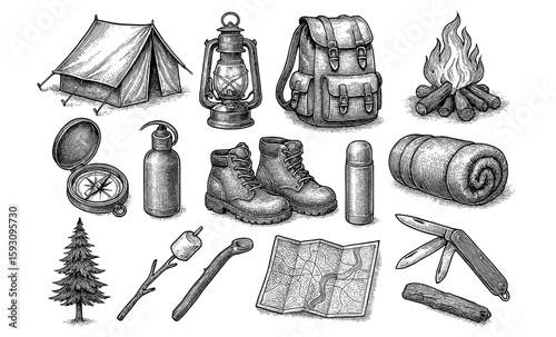Vintage camping gear: hand-drawn style for outdoor adventures