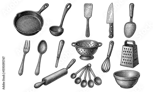 Vintage kitchen utensils set with engraved style for culinary design projects