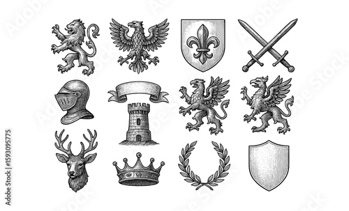 Heraldic crests and emblems collection featuring lions, eagles, and mythical creatures