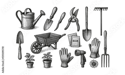 Vintage gardening tools and supplies sketch with plants and flowers
