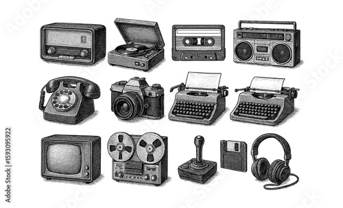 Retro technology icons: vintage radios, cameras, and gadgets in detailed engraving style