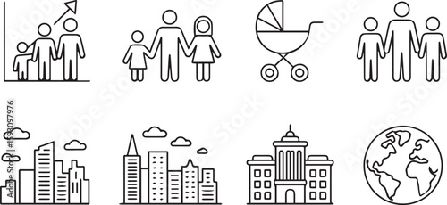 Population Day outline icon set with chart family stroller city building globe school