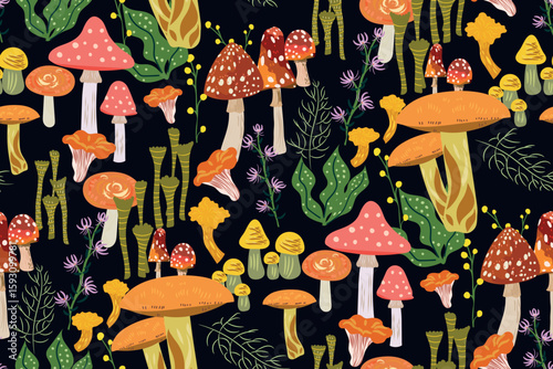 Mushroom seamless pattern. Fly agarics, chanterelles, boletus mushrooms, berries, leaves, and branches on a black background. Colorful artistic print for textile, book covers, wallpapers...Vector.
