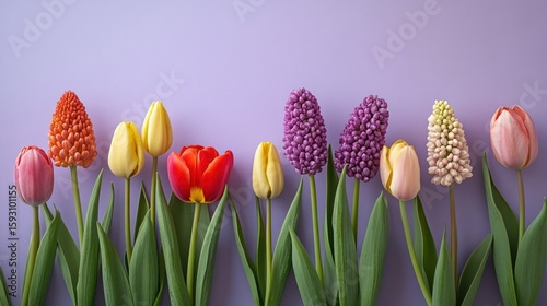 Row of colorful tulips and hyacinths on a pastel purple background