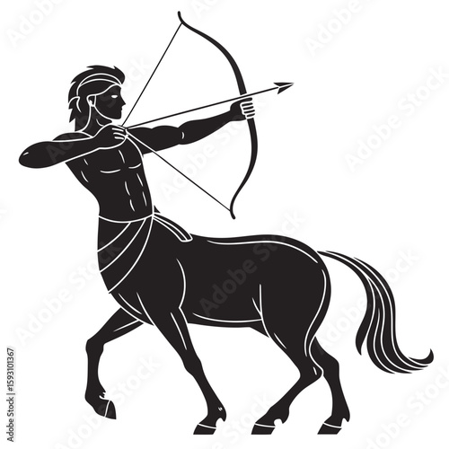 Black silhouette of a centaur archer aiming a bow and arrow isolated on white background