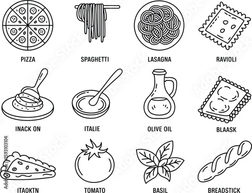 Hand drawn italian food icons featuring pizza pasta and other delicacies