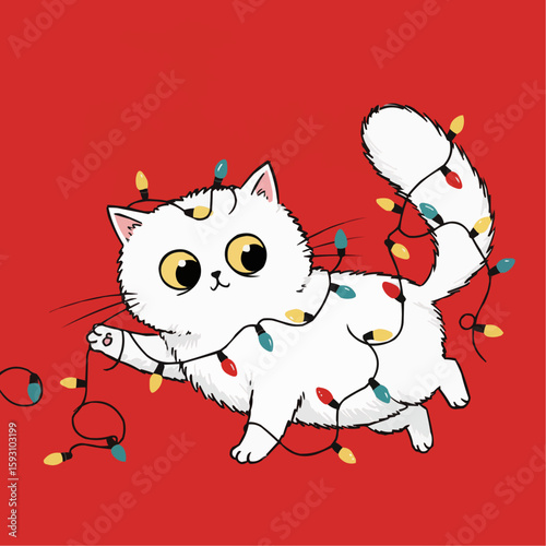cat entangled in Christmas lights 