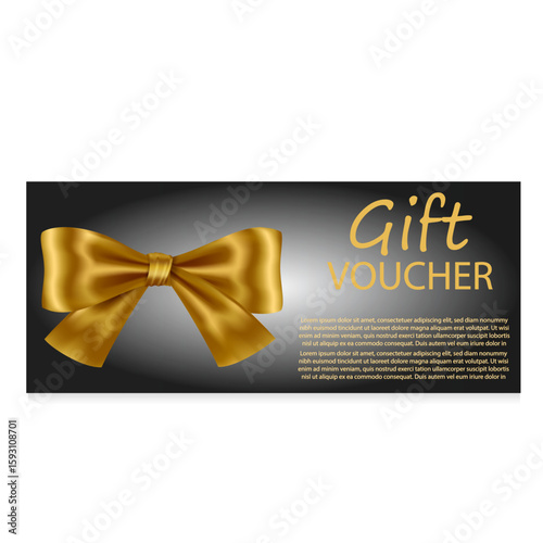 Gift voucher template with Gold realistic ribbon. Vector illustration. Design for invitation, certificate, gift coupon, ticket or voucher