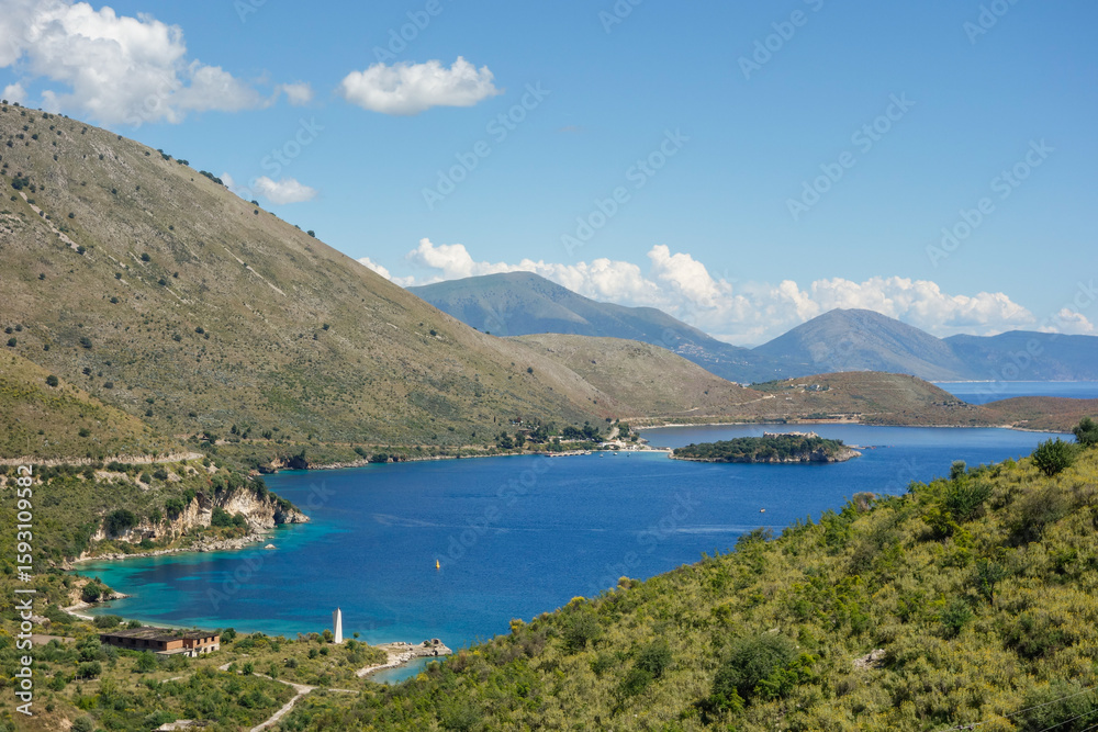 Fototapeta premium Porto Palermo beach near to Himara, Albanian riviera. panoramic in summer day