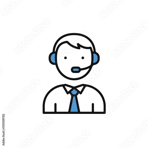 A customer service agent icon wearing a headset, designed as a flat design, suggesting support, assistance, and communication.