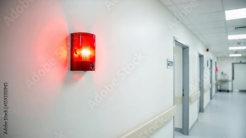 Flashing red emergency light in a hospital corridor, indicating alert and assistance.