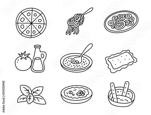Hand drawn italian food icons featuring pizza pasta and fresh ingredients