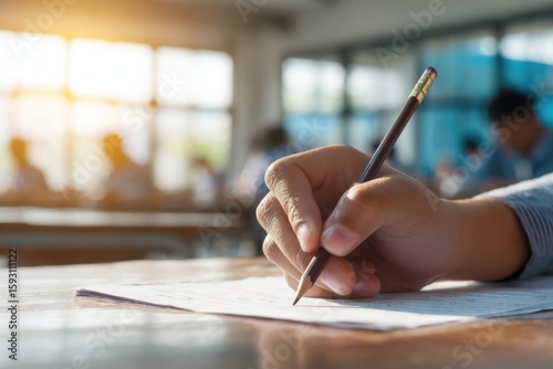 Close-up of a hand holding a pen and paper, doing an exam in school, writing something. Blurred background. The student is sitting at their desk, taking a mental test for a final-year class.