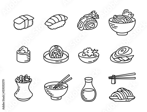 Simple line art illustrations of various japanese sushi and food items