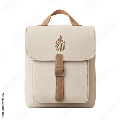 Minimalist backpack with leaf, ecotrip symbol, clean transparent background