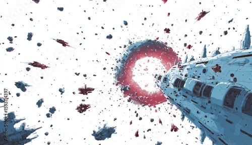 Fototapeta Naklejka Na Ścianę i Meble -  Anime Style Space Station Under Attack by Small Spaceships — Sci-Fi Destruction Scene on White Background