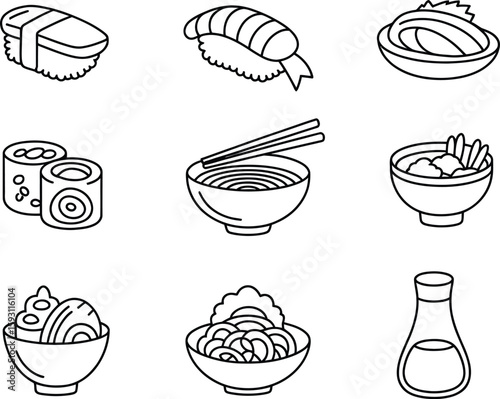 Simple line art icons representing various japanese food dishes