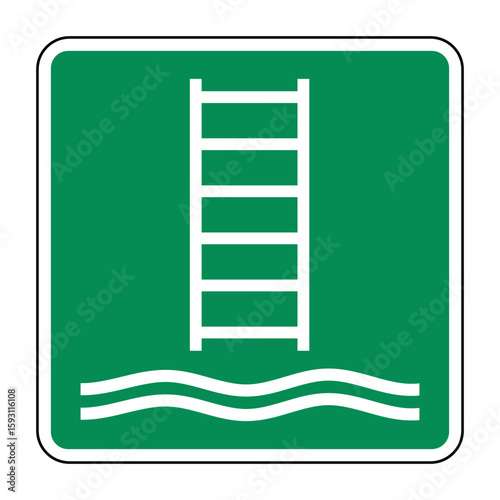 Embarkation Ladder Symbol on Green Safety Sign – Marine Access Icon for Vessel Boarding and Disembarkation – High Quality Vectorial Stock Image