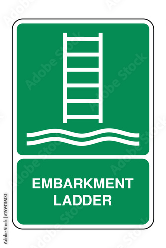 Embarkation Ladder Symbol on Green Safety Sign with Explanation – Marine Access Icon for Vessel Boarding and Disembarkation – High Quality Vectorial Stock Image