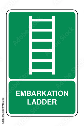 Embarkation Ladder Symbol on Green Safety Sign with Explanation – Marine Vessel Access Icon for Boarding and Disembarkation – High Quality Vectorial Stock Image