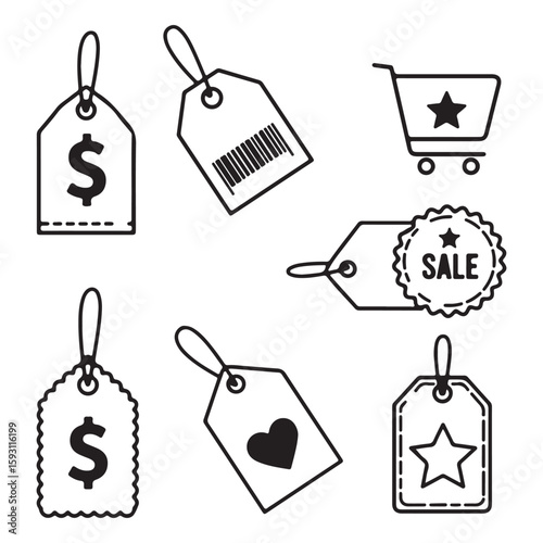 Collection of Shopping Icons Featuring Tags and a Cart Symbolizing Sales and Retail