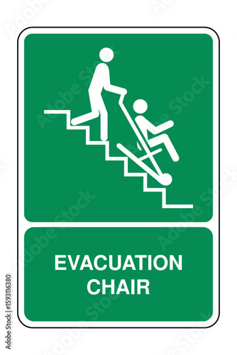 Evacuation Chair Symbol on Green Safety Sign with Explanation – Emergency Accessibility Icon for Mobility-Assisted Building Exit – High Quality Vectorial Stock Image
