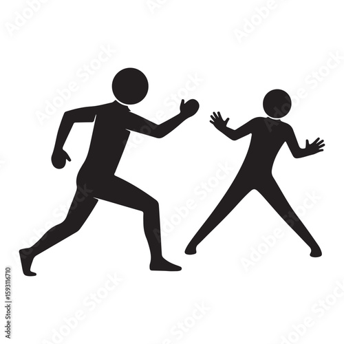 Depiction of Two Silhouetted People with Round Heads, One Running and One with Arms Outstretched in Silhouette Form